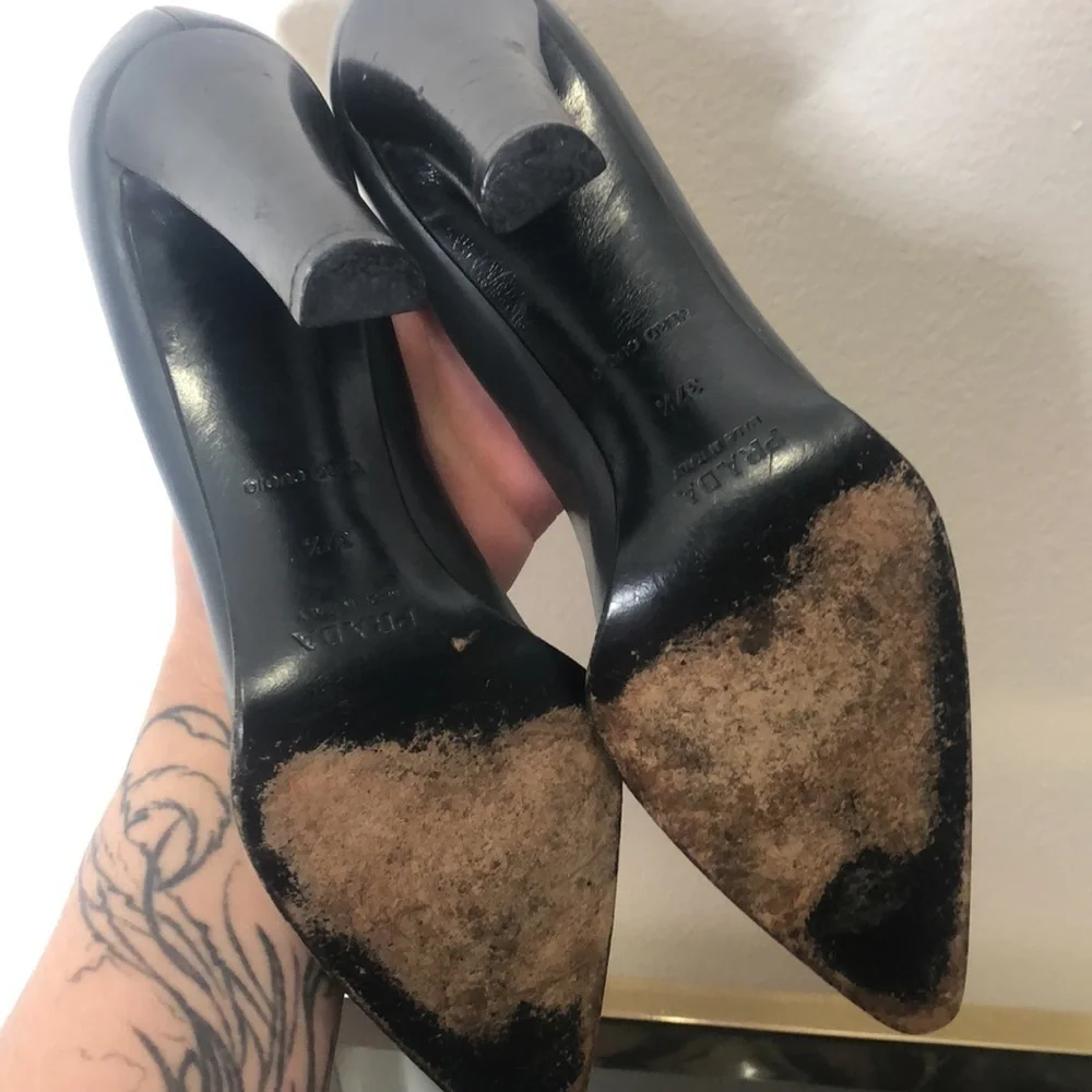 Prada grey pointed toe leather chunky heel pump size 7.5​ - Picture 8 of 9